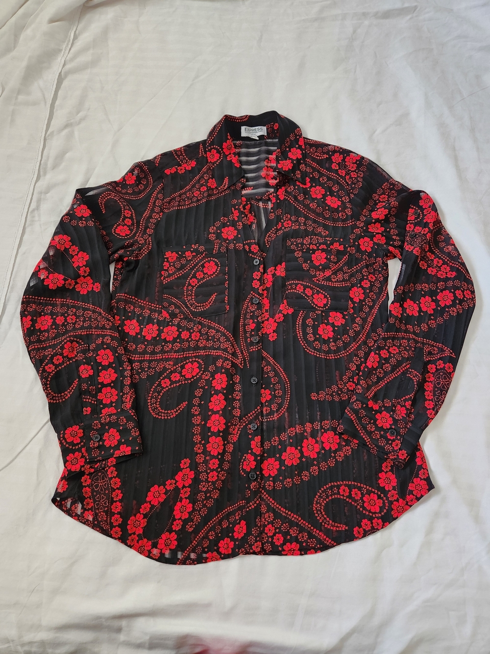 Express Black Button-Up Shirt with Red Floral Paisley Print